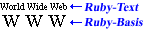 Untere Zeile: Drei Großbuchstaben »WWW«. Obere Zeile: Der Text »World Wide Web« in kleinerer Schriftgröße. Ganz rechts: Pfeile und Text zur Kennzeichnung von »Ruby-Basis« (unten) und »Ruby-Text« (oben).