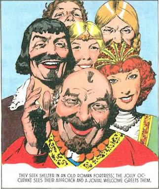 They seek shelter in an old Roman fortress; the jolly occupant sees their approach and a jovial welcome greets them.