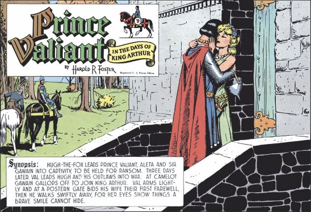 Val arms lightly and at a postern gate bids his wife their first farewell. Then he walks swiftly away, for her eyes show things a brave smile cannot hide.