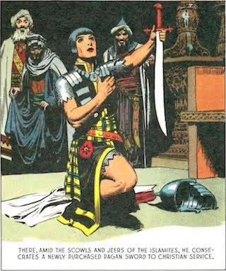 There, amid the scowls and jeers of the Islamites, he consecrates a newly purchased pagan sword to Christian service.