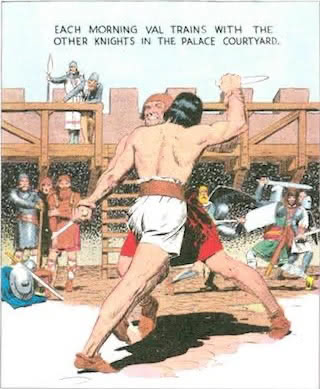 Each morning Val trains with the other knights in the palace courtyard.