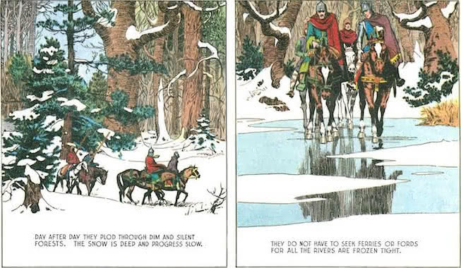 Day after day they plod through dim and silent forests. The snow is deep and progress slow. They do not have to seek ferries or fords for all the rivers are frozen tight.