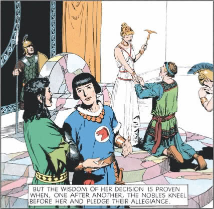But the wisdom of [Aleta’s] decision is proven when, one after another, the nobles kneel before her and pledge their allegiance.