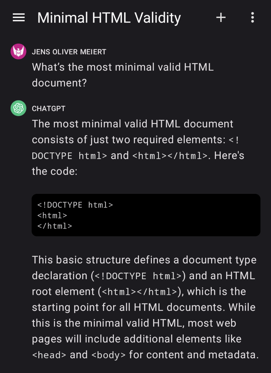 “The most minimal valid HTML document consists of just two required elements: ‘<!DOCTYPE html>’ and ‘<html></html>’.”
