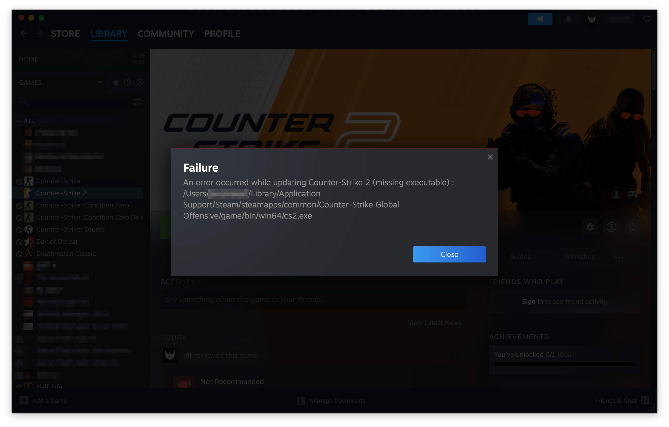 “An error occurred while updating Counter-Strike 2 (missing executable): /Users/example/Library/Application Support/Steam/steamapps/common/Counter-Strike Global Offensive/game/bin/win64/cs2.exe”