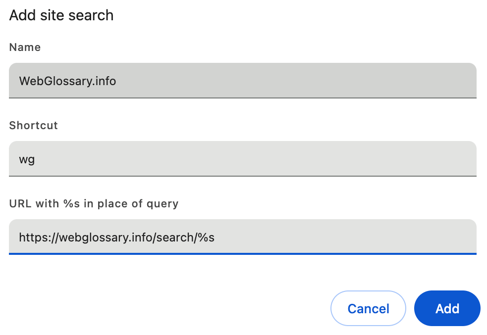 Screenshot of Jens’s Chrome search settings test for WebGlossary.info.