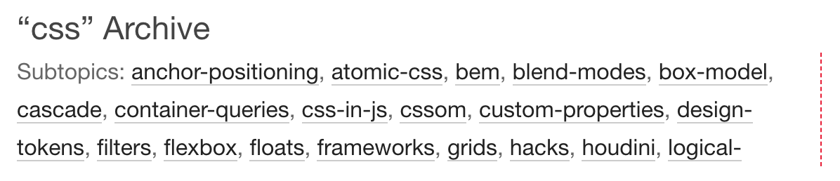 Three lines of text covering related tags for “css” on Frontend Dogma.