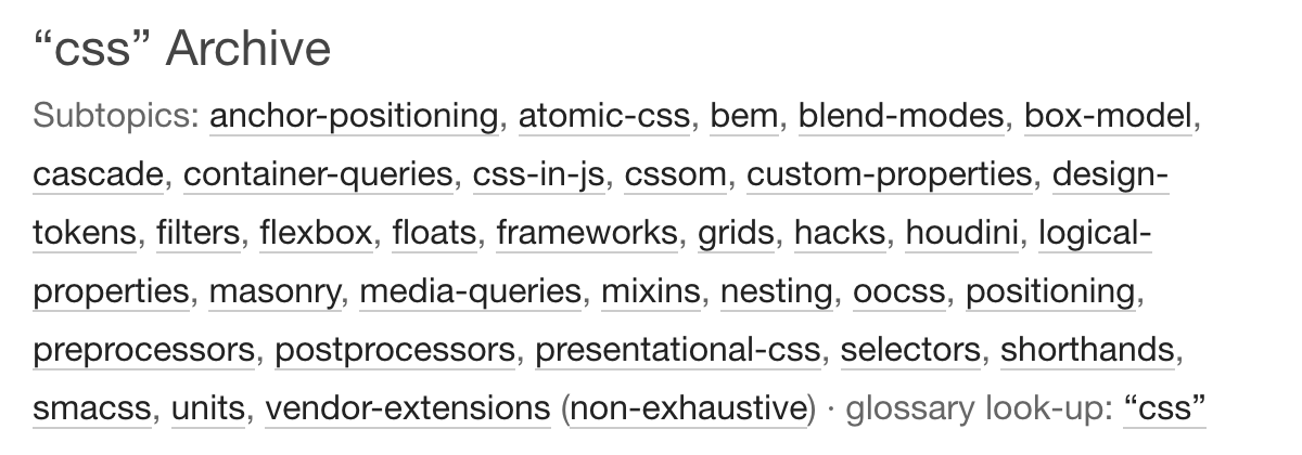 Six lines of text covering related tags for CSS on Frontend Dogma.