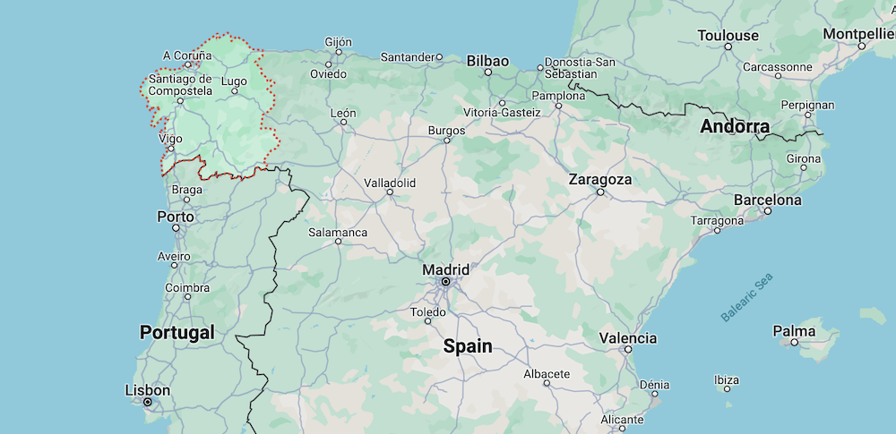 A map of Galicia within the context of Spain and Portugal.