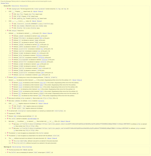 Screenshot of Google HTML validation messages as per a manual validation on May 19, 2024, showing 150 errors—8 of which relate to CSS—and 3 warnings.