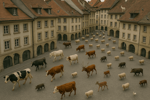 Animals in a European city (with a goat on a roof), neatly arranged, free but looking like they’d be killed any minute.