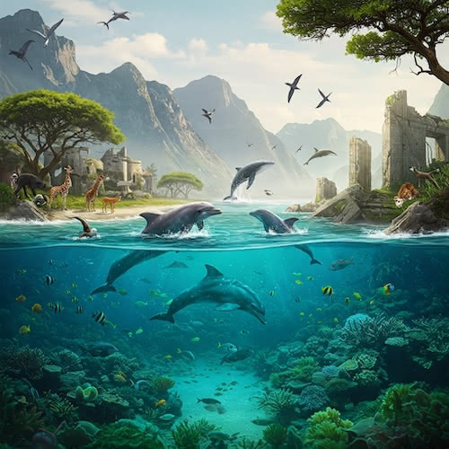 Dolphins frolicking, other animals at the shore amidst ruins in a beautiful setting.