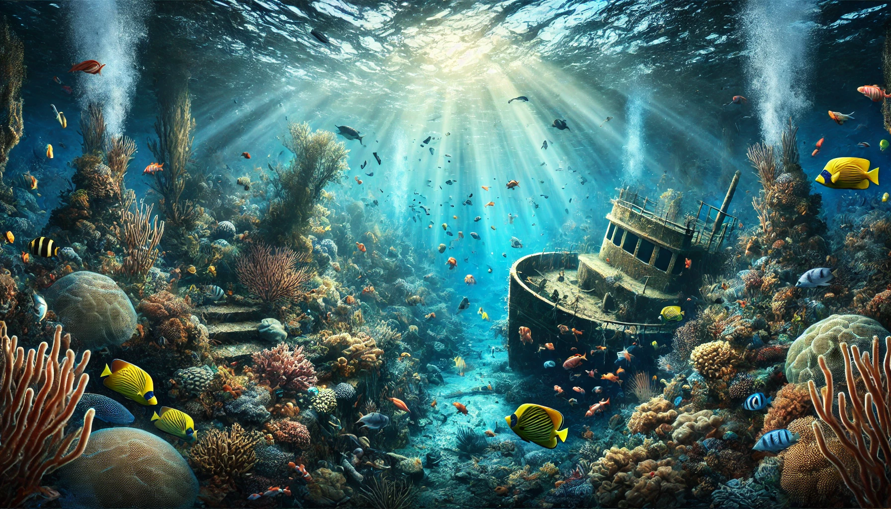 A shipwreck at the bottom of the ocean, beautifully lit, with fish and other sea creatures.