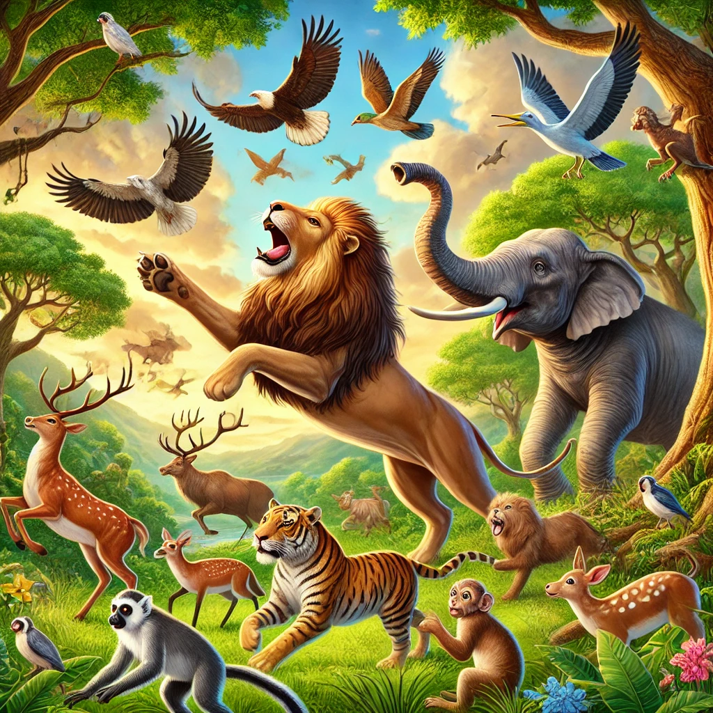 Animals cheerfully jumping from the bottom right to the top left.