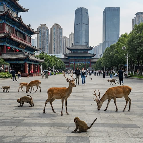 Deer and monkeys undisturbed in a Chinese or Taiwanese city center.