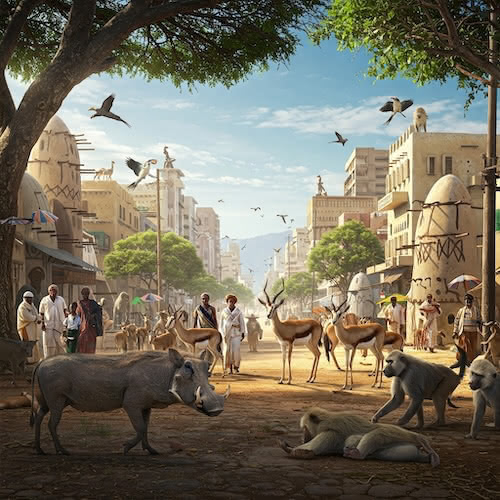 Animals among humans in an African city scene, not to be held hostage, tortured, or killed.