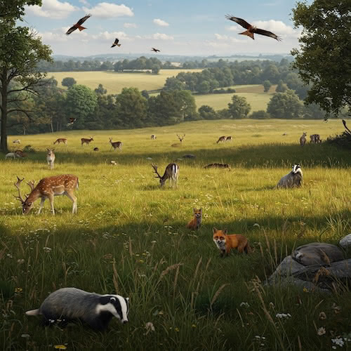 European fields filled with various animals, not molested or eaten by humans.