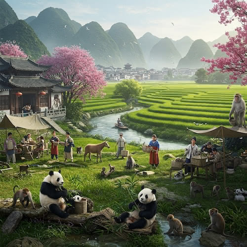 Pandas and monkeys and other animals among humans in a seren Asian landscape.