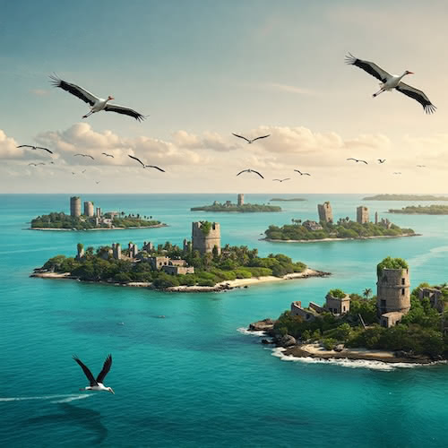 Small islands with ruins surrounded by a pristine sea, flown over by storks.