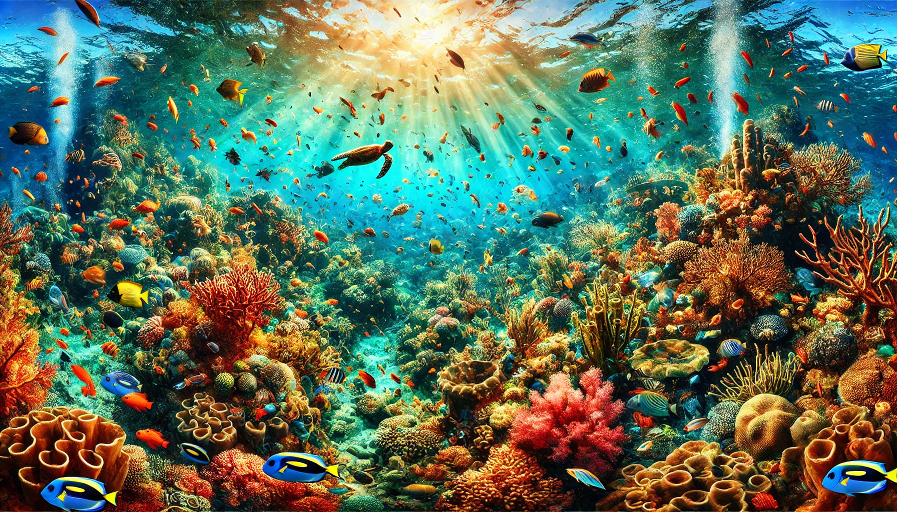 Colorful, beautiful corals, fish, and sea life.