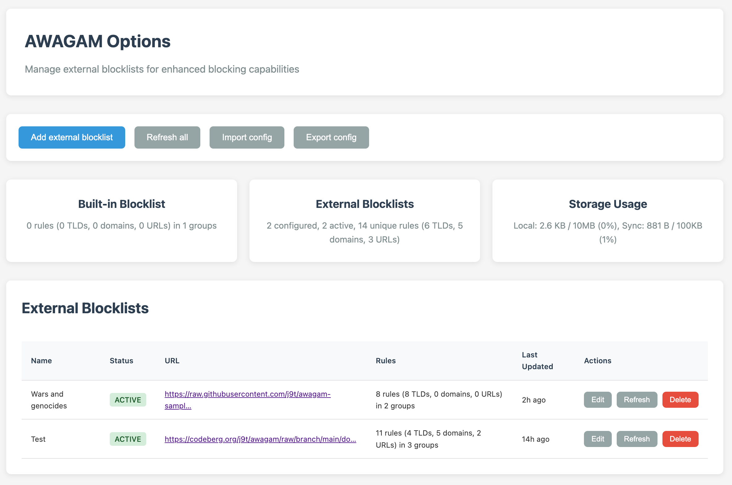 Early screenshot of AWAGAM extension blocklist management.