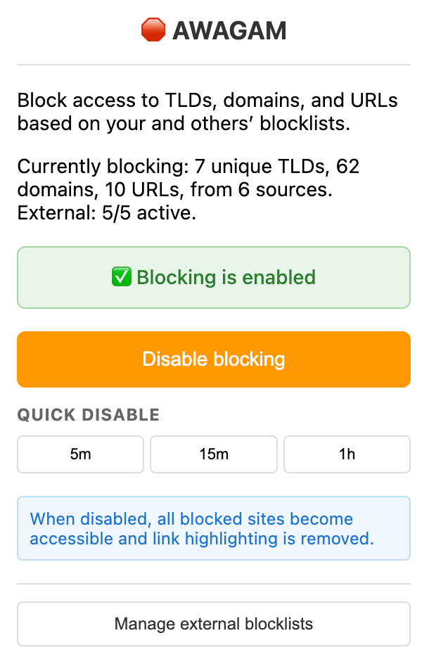 Early screenshot of AWAGAM extension popup.