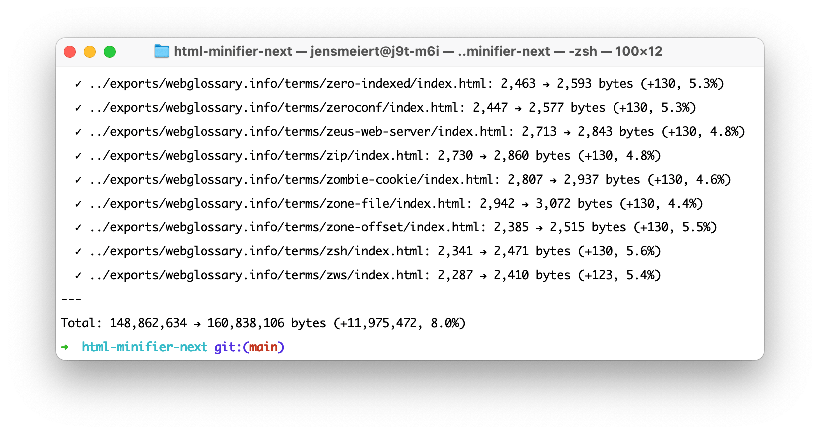 Screenshot of HTML Minifier Next finishing the processing of 16,000 files.