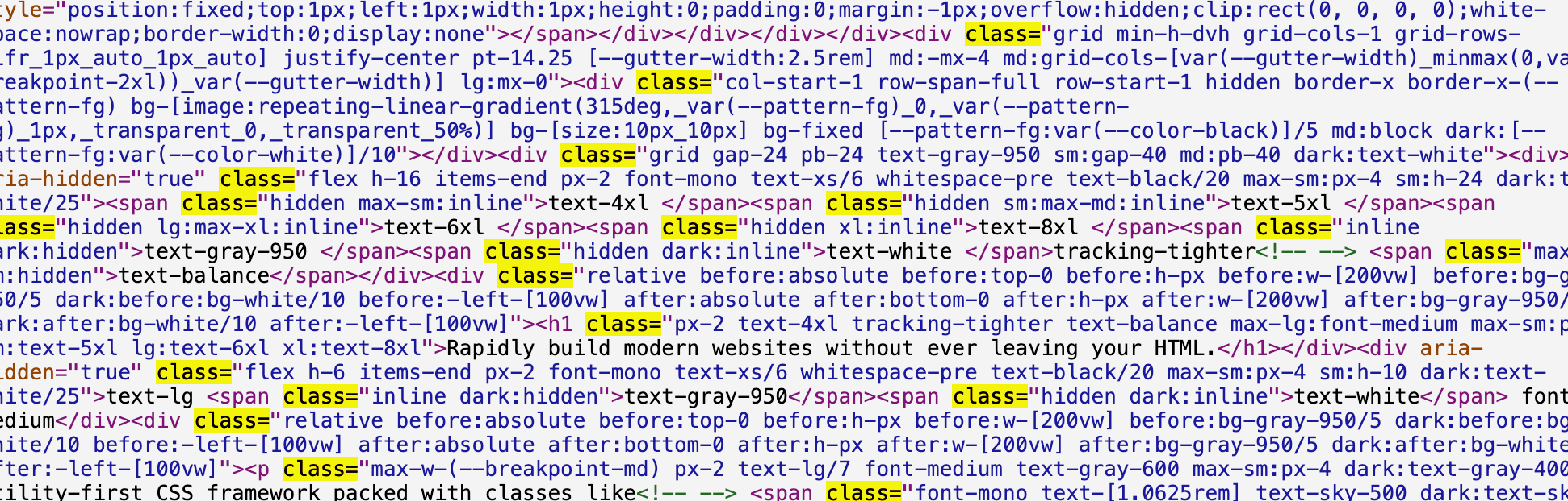 Screenshot of Tailwind CSS, no HTML code, dominating all other code and content.