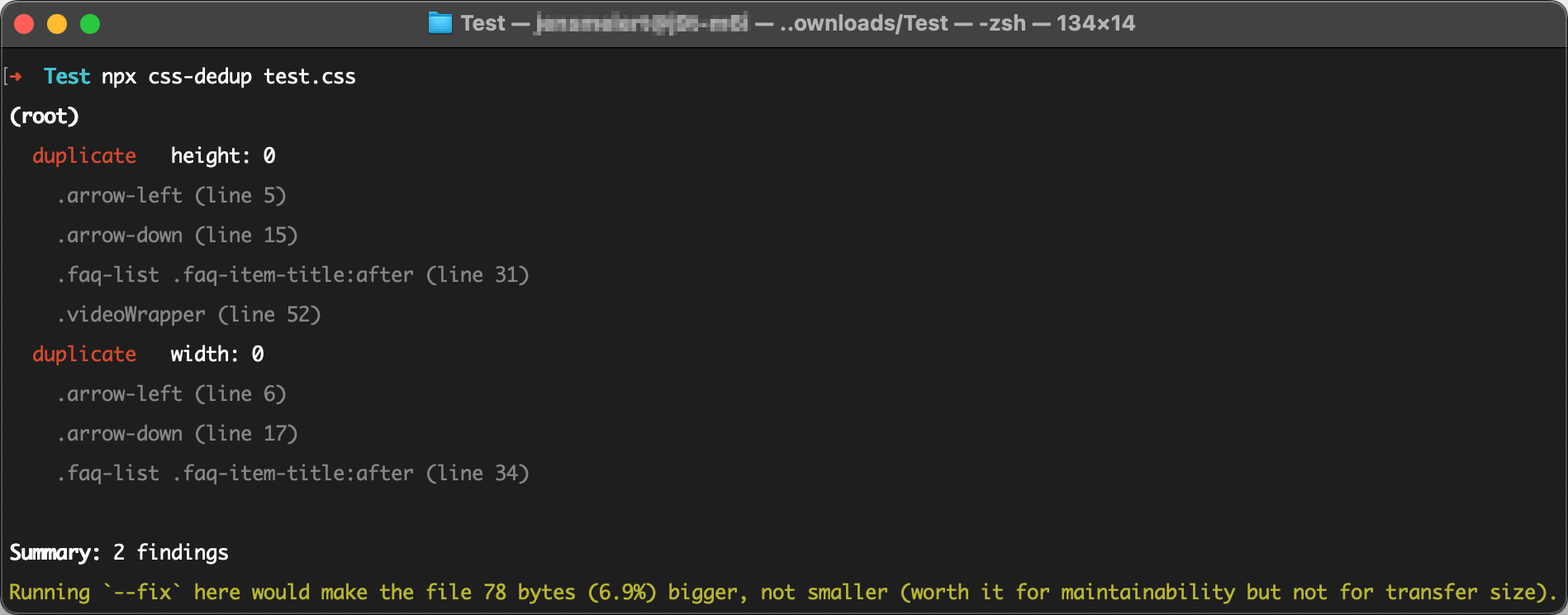 Terminal look at running `npx css-dedup` on a test file.