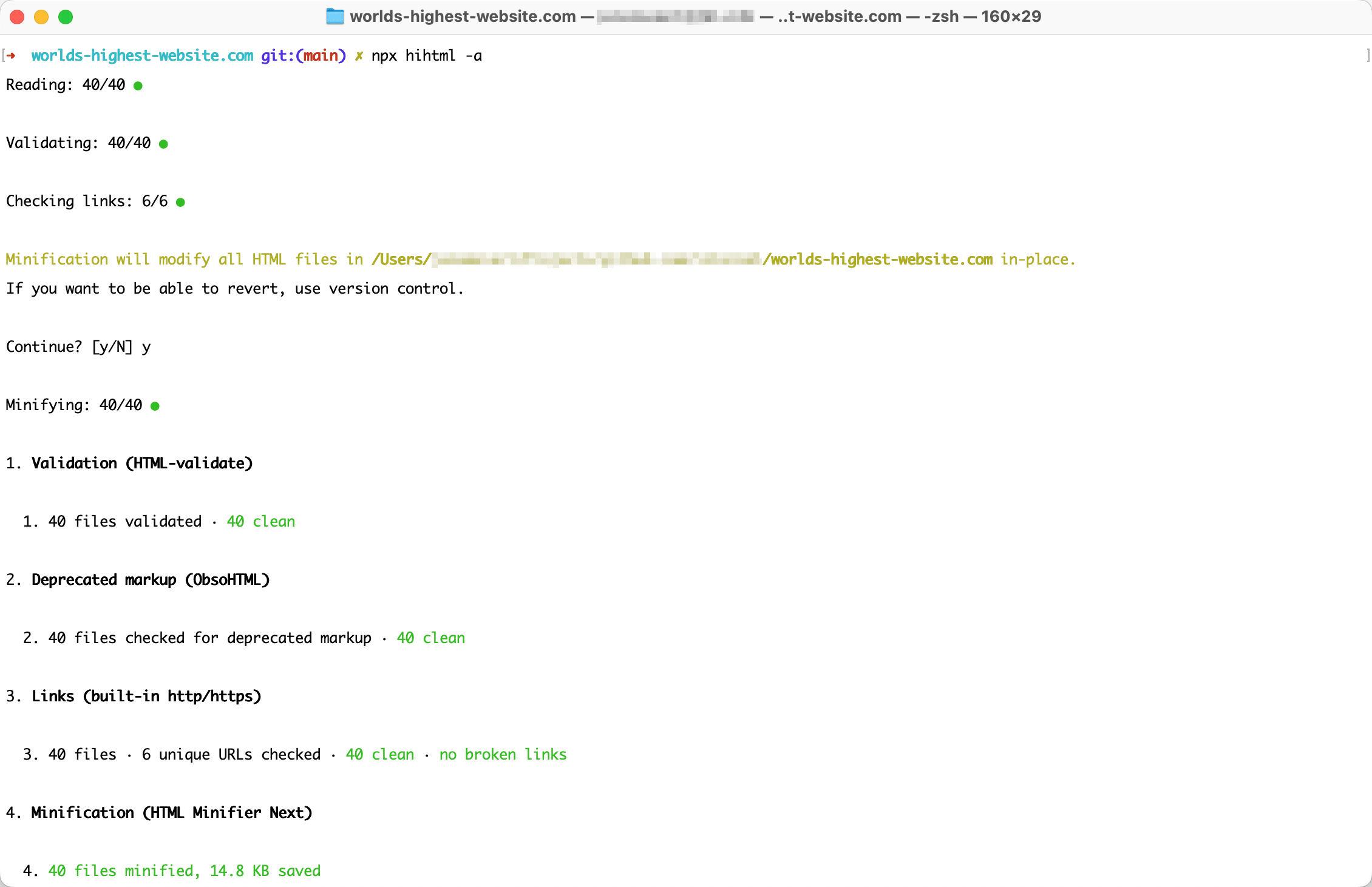 Screenshot of hihtml being used with its `-a` option, showing validation, link-checking, and minification on a local copy of worlds-highest-website.com.