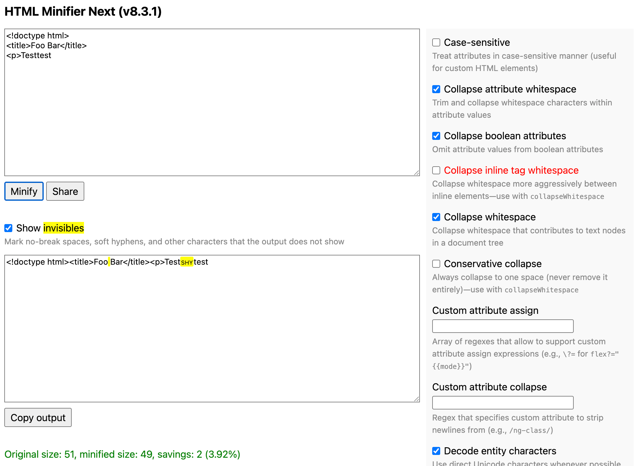 The HMN web demo minifying a document, highlighting an otherwise invisible no-break space as well as soft hyphen.