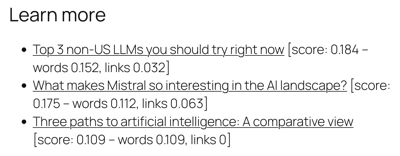 Screenshot of a “related posts” sections showing scores for the included posts (i.e., metrics for total score, words score, links score).