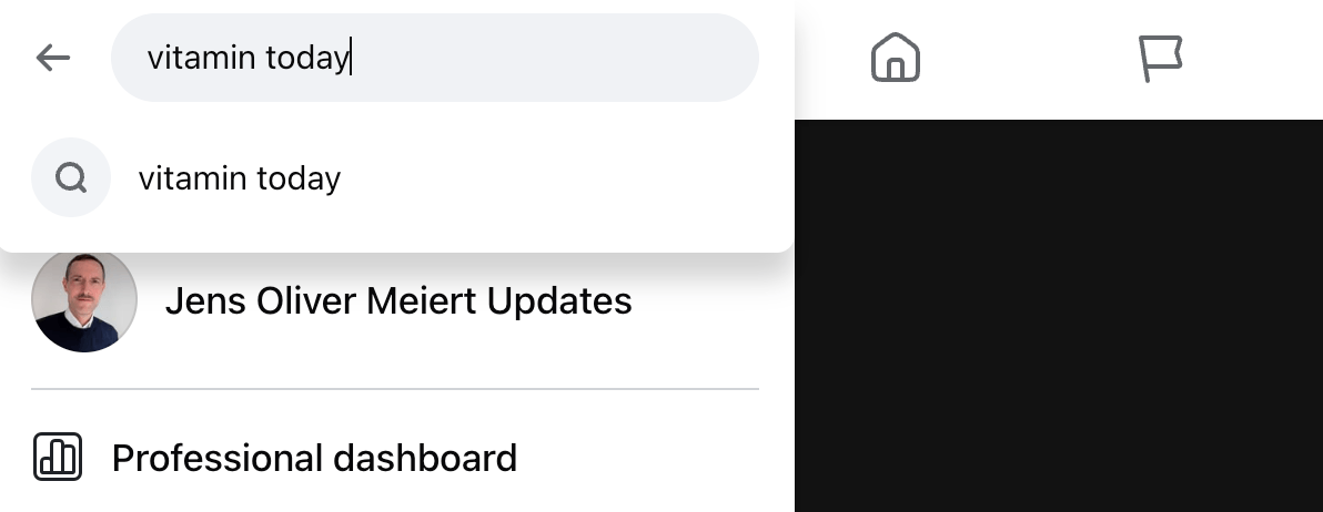 Screenshot of the Facebook search field, filled with the words “vitamin today.”