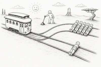 An illustration showing a trolley and the people involved as per the problem described.